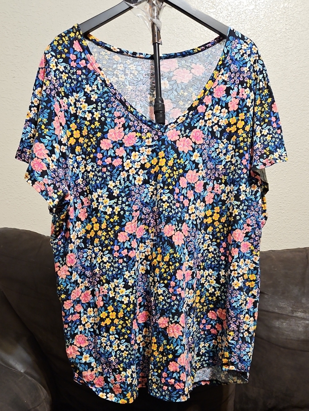 torrid Navy Floral V-Neck Short Sleeve Top with Pink & Yellow Flowers
